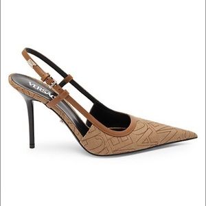 Versace
95MM Monogram Jacquard Slingback Pumps , size 39, Brown